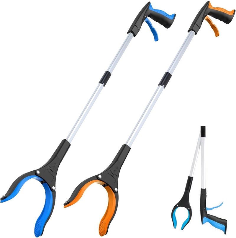 POPDA Grabber Reacher Tool - 32” Extra Long Foldable Gripper and Reaching Tool - Heavy Duty Pick Up Stick Grabbers for Seniors, Trash, Surgery Recovery Must Haves Gifts (Blue+Orange 2P) - Image 1